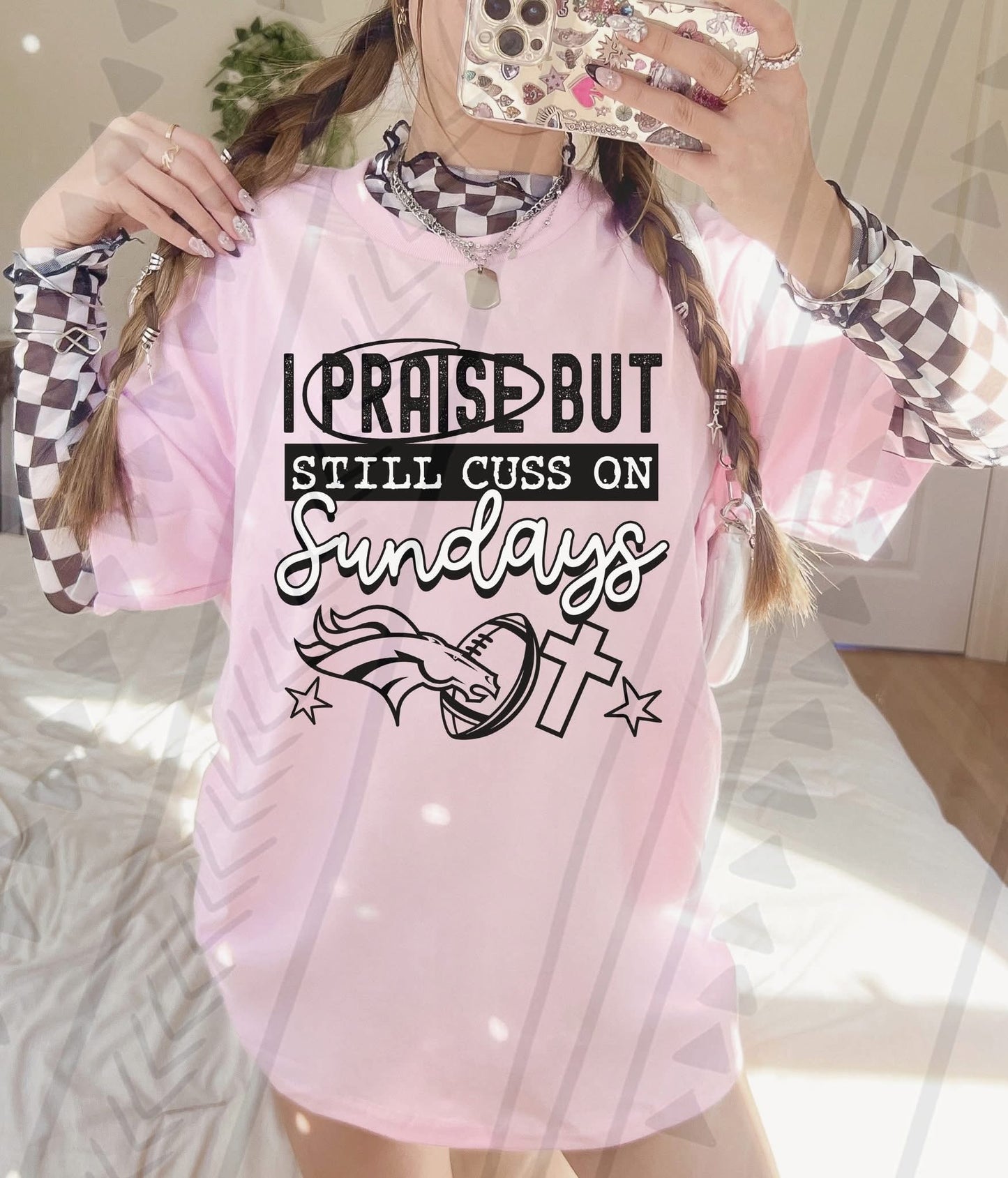 I Praise But Still Cuss On Sundays Football Shirt – Edgy Christian Sports Graphic Tee – Unisex DTF Print – Youth & Adult Sizes