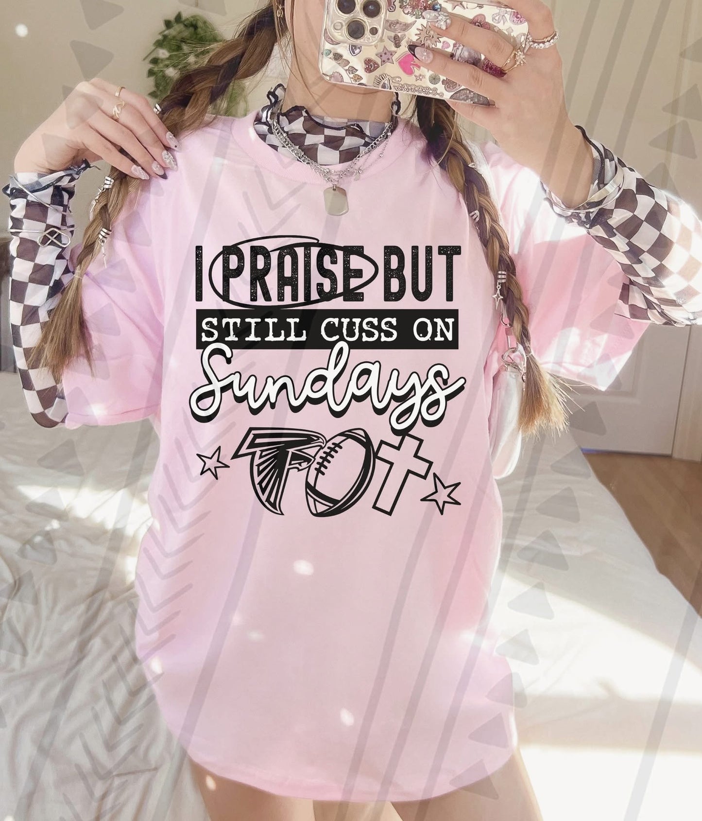 I Praise But Still Cuss On Sundays Football Shirt – Edgy Christian Sports Graphic Tee – Unisex DTF Print – Youth & Adult Sizes