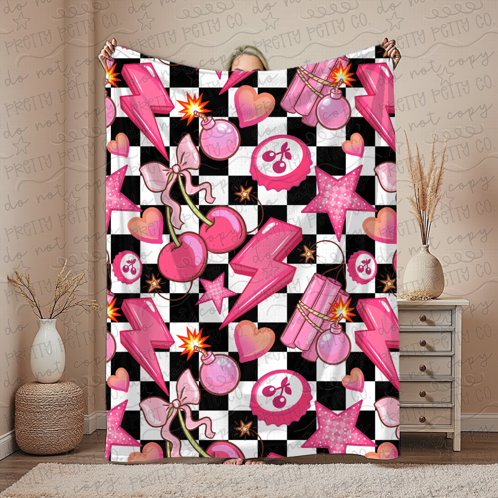 Cherry Bomb Checkered Blanket | Retro Cherry Checkerboard Throw | Coquette Red Pink Aesthetic