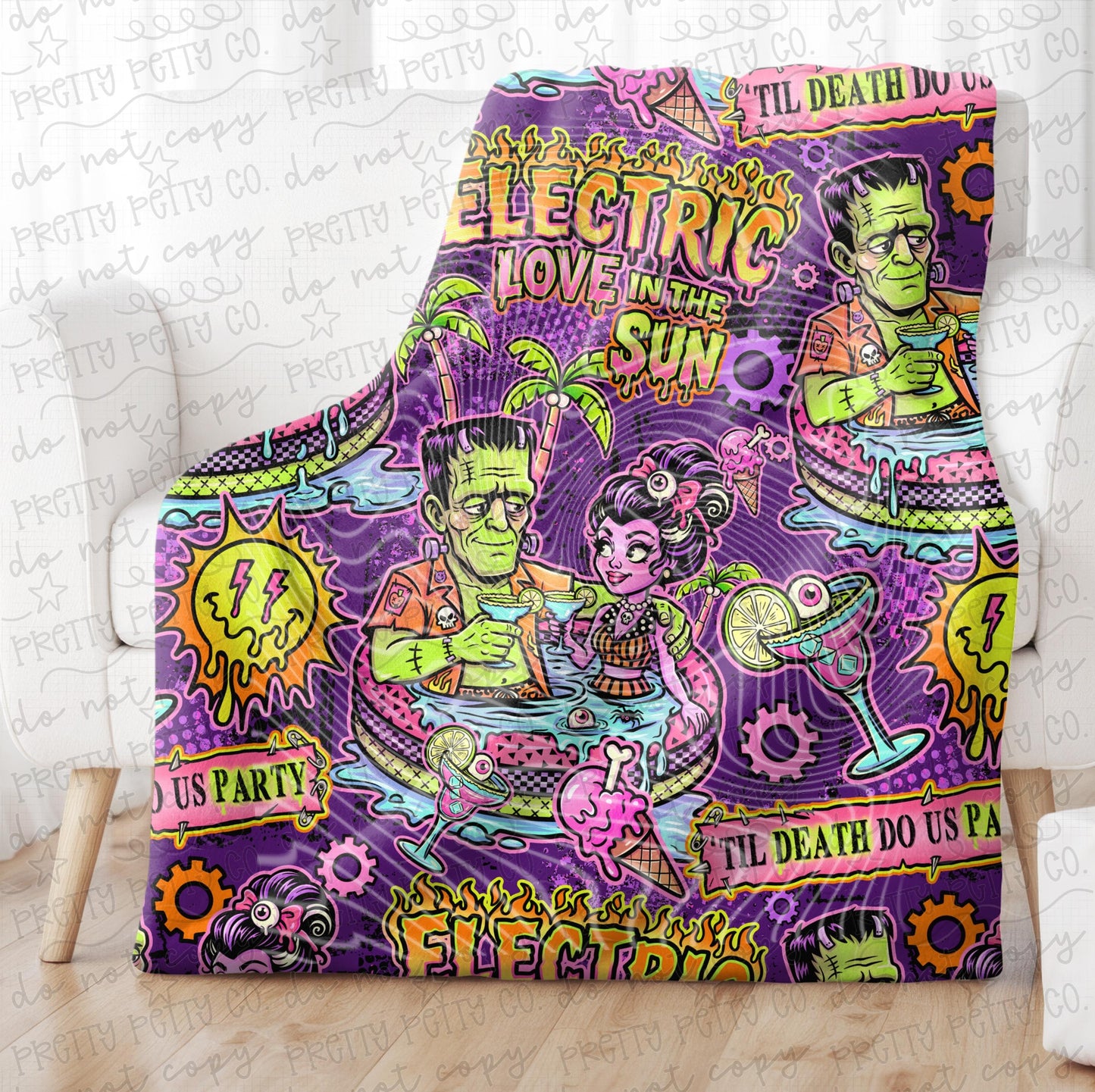 Electric Love Monster Romance Blanket | Summer Gothic Horror Throw | Frankenstein Inspired Cozy Blanket