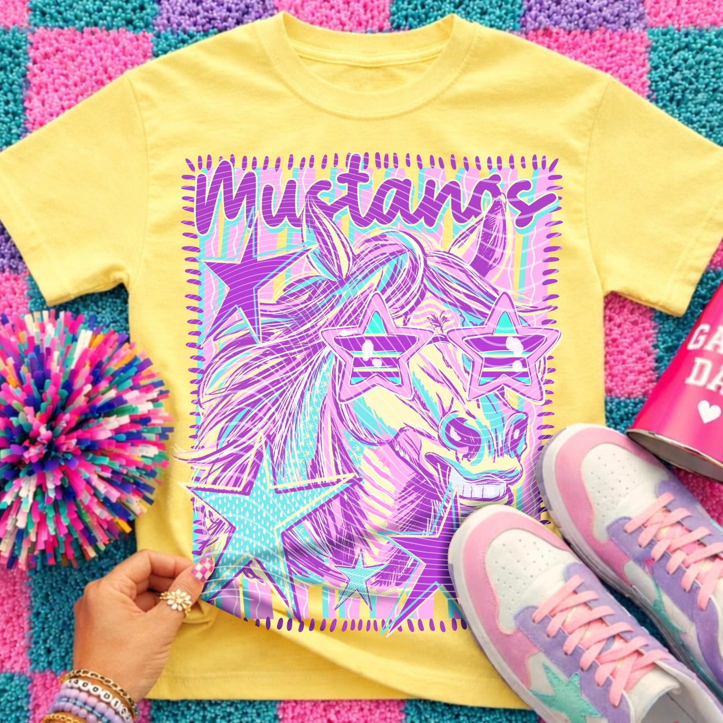 Mustangs Preppy Mascot Shirt, Bright Color Collegiate Graphic Tee, Cute School Spirit Inspired Soft Style Tee for Women and Kids