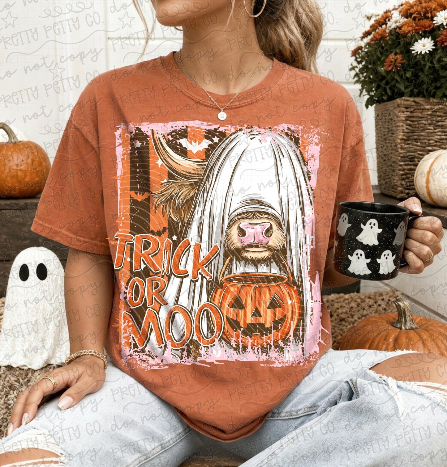 Trick or Moo Highland Cow Halloween Shirt | Cute Ghost Cow Graphic Tee