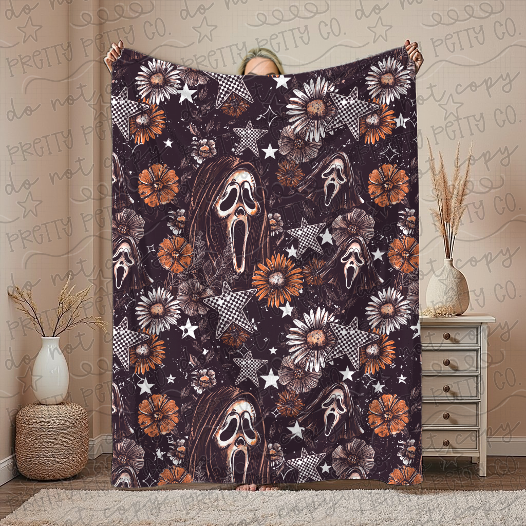 Floral Ghostface Blanket – Plush Throw, Soft Cozy Spooky Horror Fan Blanket