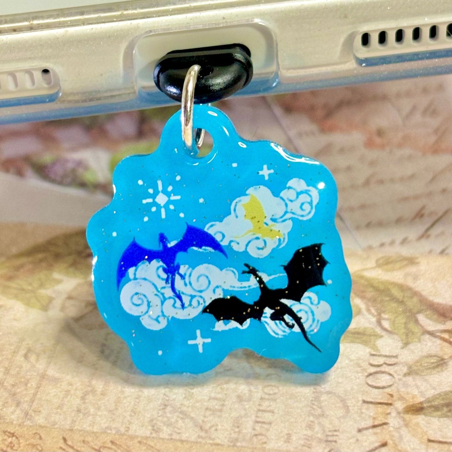 Fourth Wing Inspired Dragons Glow in the Dark Sparkle Double Sided USB-C Dust Plug Kindle Charm