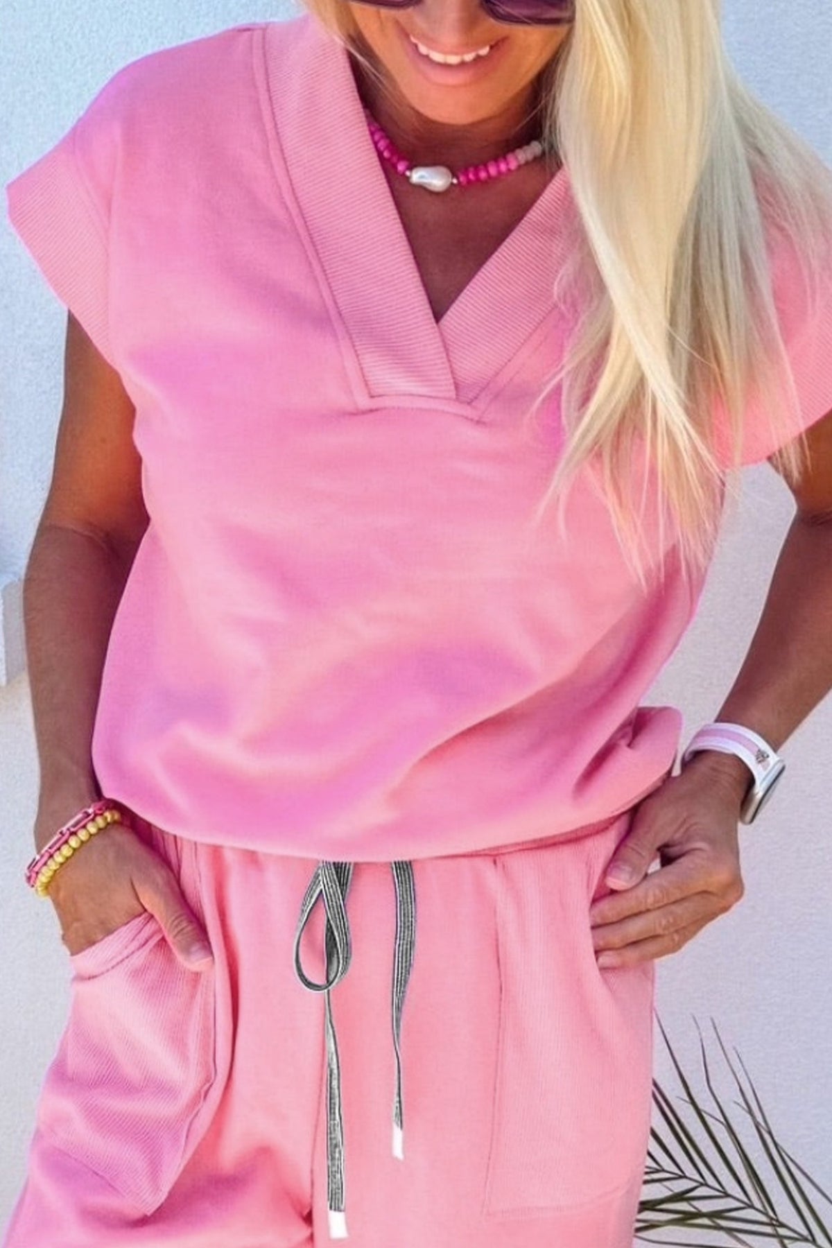 Bonbon Solid Color V Neck Tee Drawstring Pant Set - Pretty Petty Co