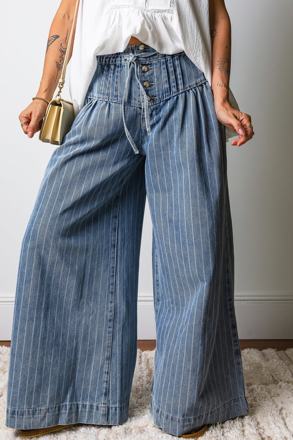 Sky Blue Stripe Button Pleated Drawstring Waist Casual Wide Leg Jeans - Pretty Petty Co