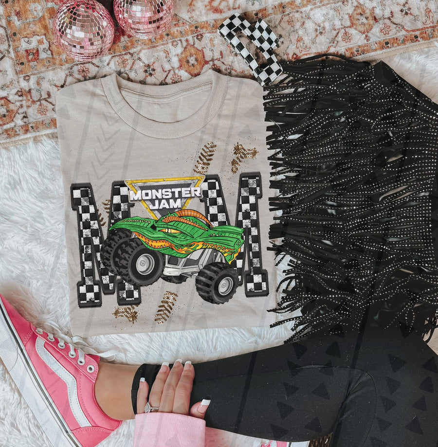 Monster Truck Mom Faux Embroidery Graphic Tee – Racing Mom Shirt – Unisex DTF Print - Pretty Petty Co