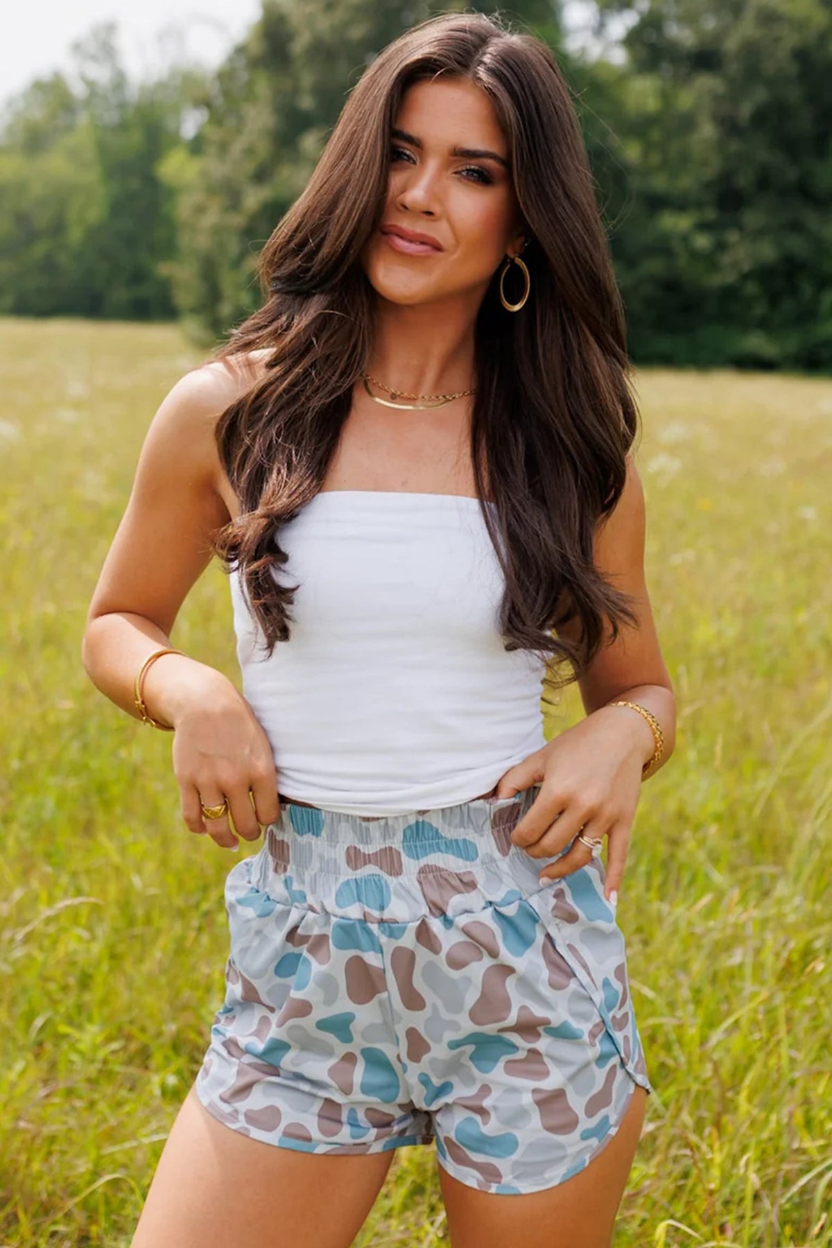 Sky Blue Camouflage Print Shirred High Waist Athleisure Shorts - Pretty Petty Co