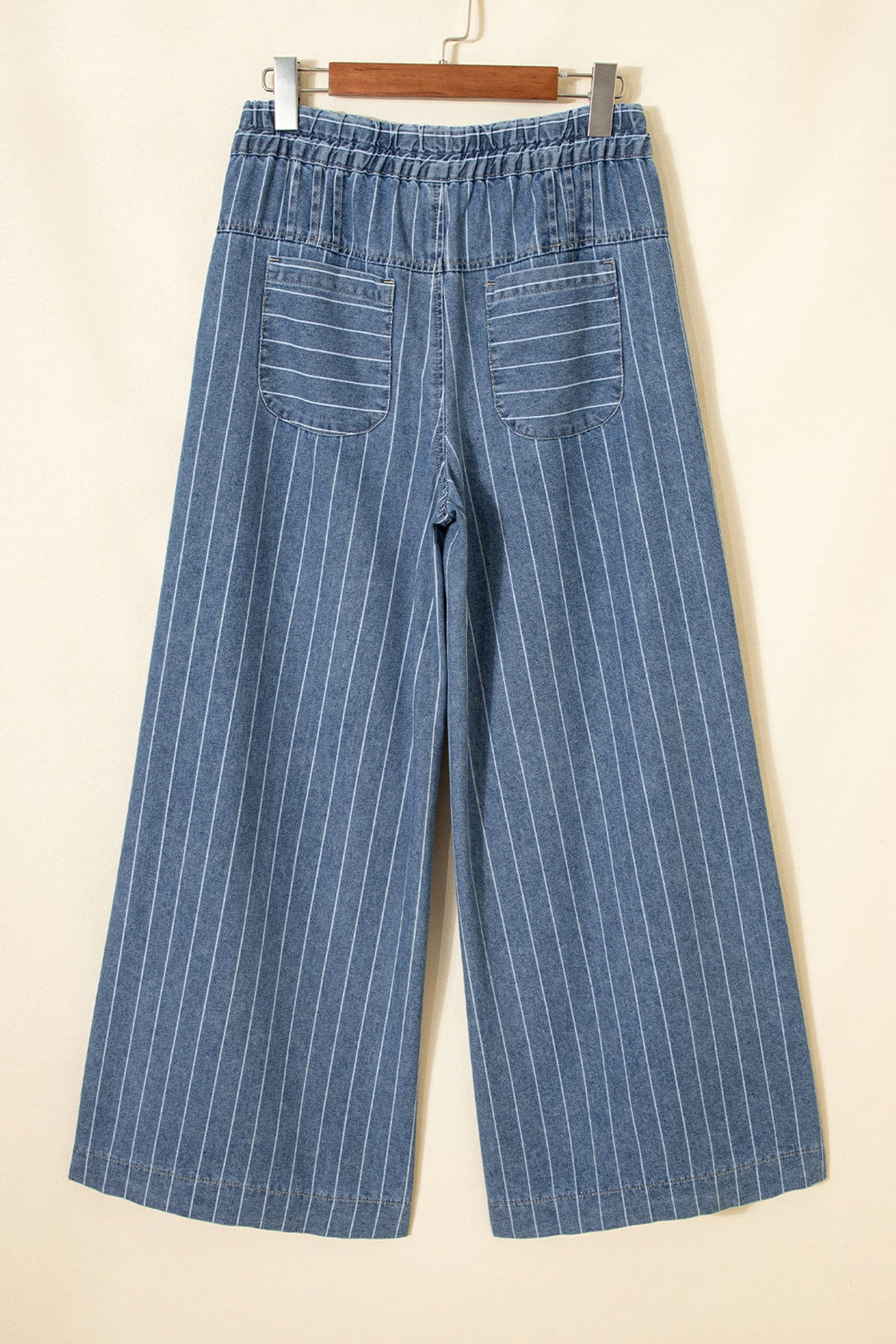 Sky Blue Stripe Button Pleated Drawstring Waist Casual Wide Leg Jeans - Pretty Petty Co