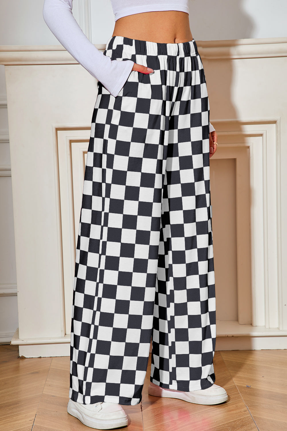 Green Checkered Print High Waist Wide Leg Pants - Pretty Petty Co