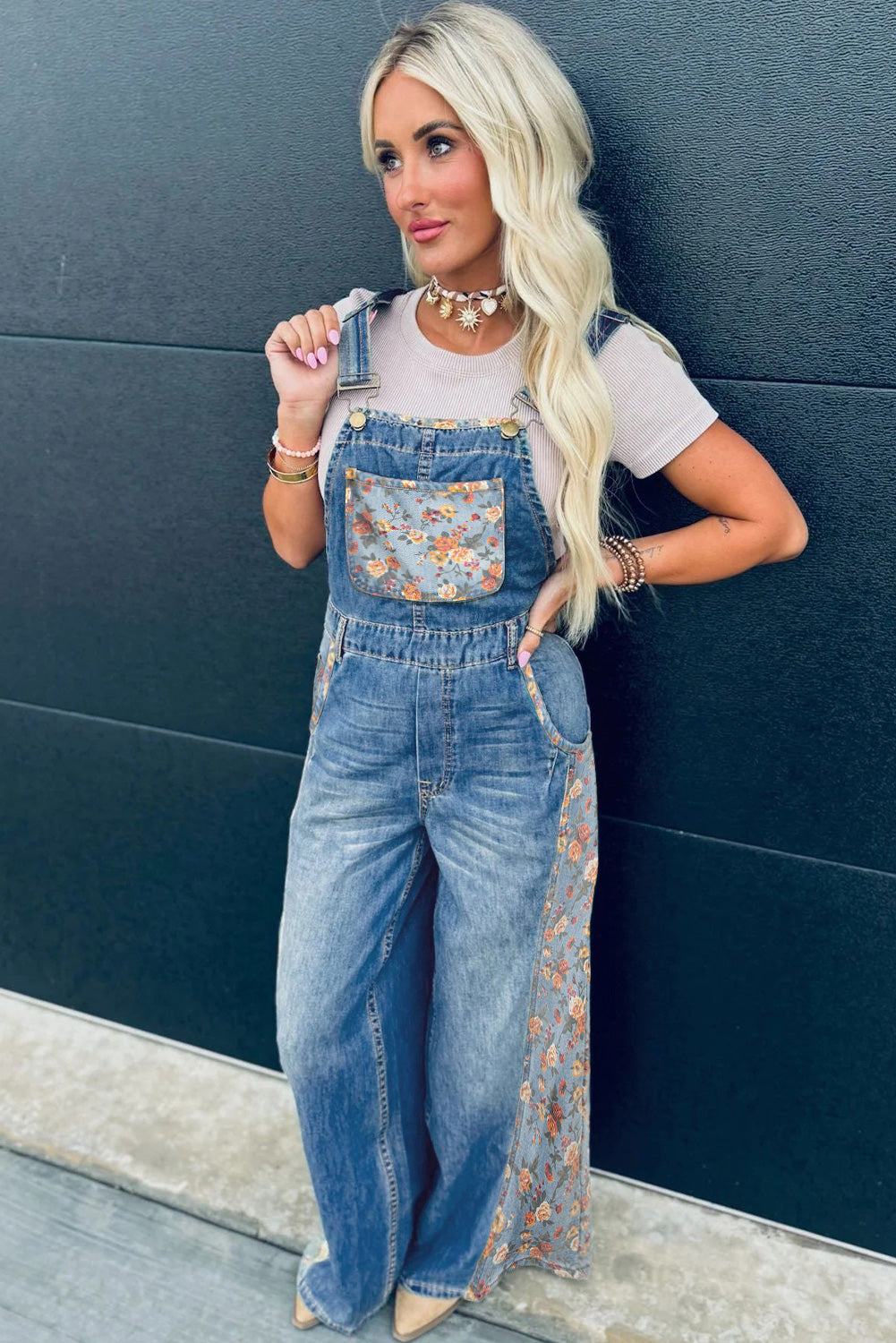 Peacock Blue Floral Patchwork Bib Denim Wide Leg Overalls - Pretty Petty Co