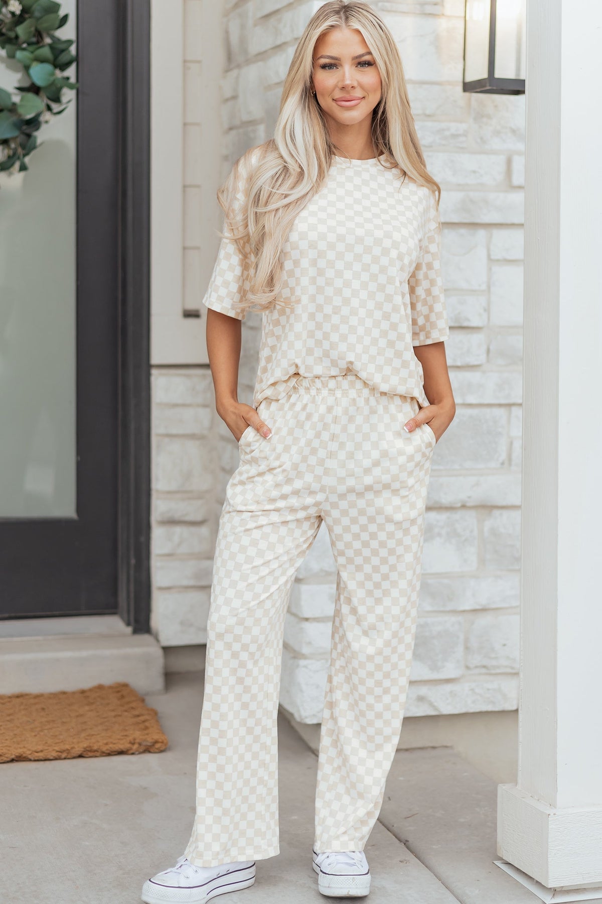 Rose Checkered Print Half Sleeve Tee 2pcs Lounge Pant Set - Pretty Petty Co