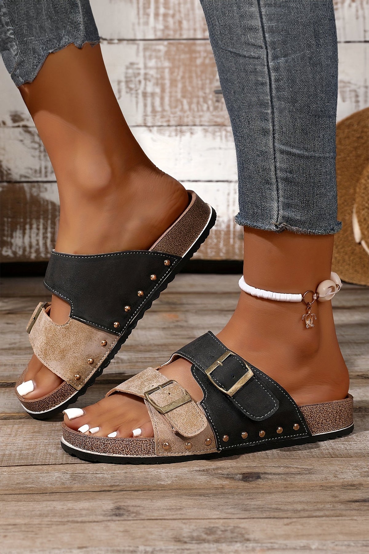Coffee Two-tone Retro Buckle Straps Hollowed Faux Suede Slippers - Pretty Petty Co