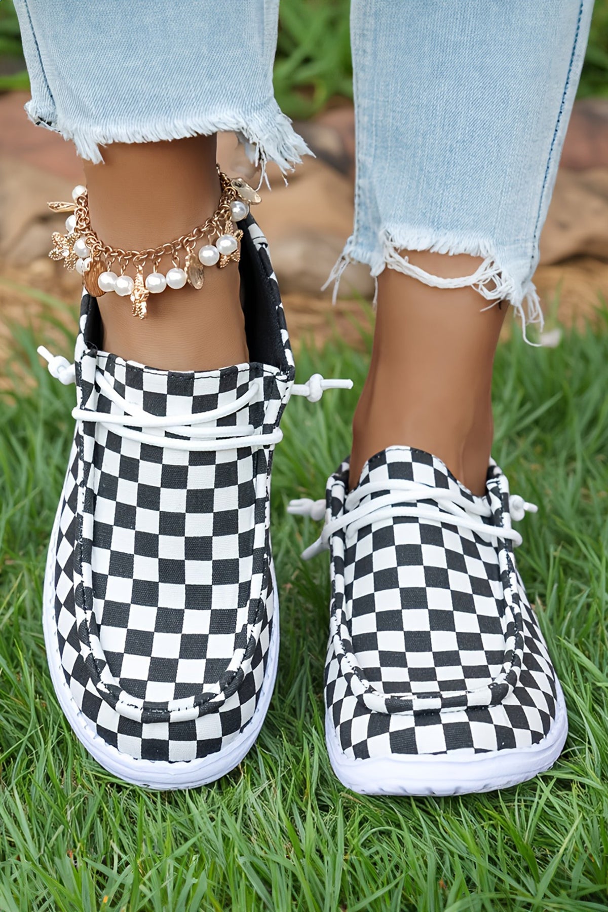 Color black Checkered Print Lace-up Detail Flat Shoes - Pretty Petty Co