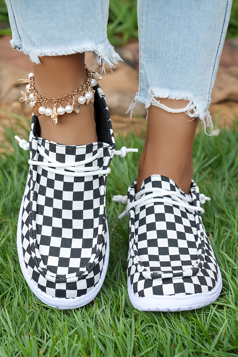 Color black Checkered Print Lace-up Detail Flat Shoes - Pretty Petty Co