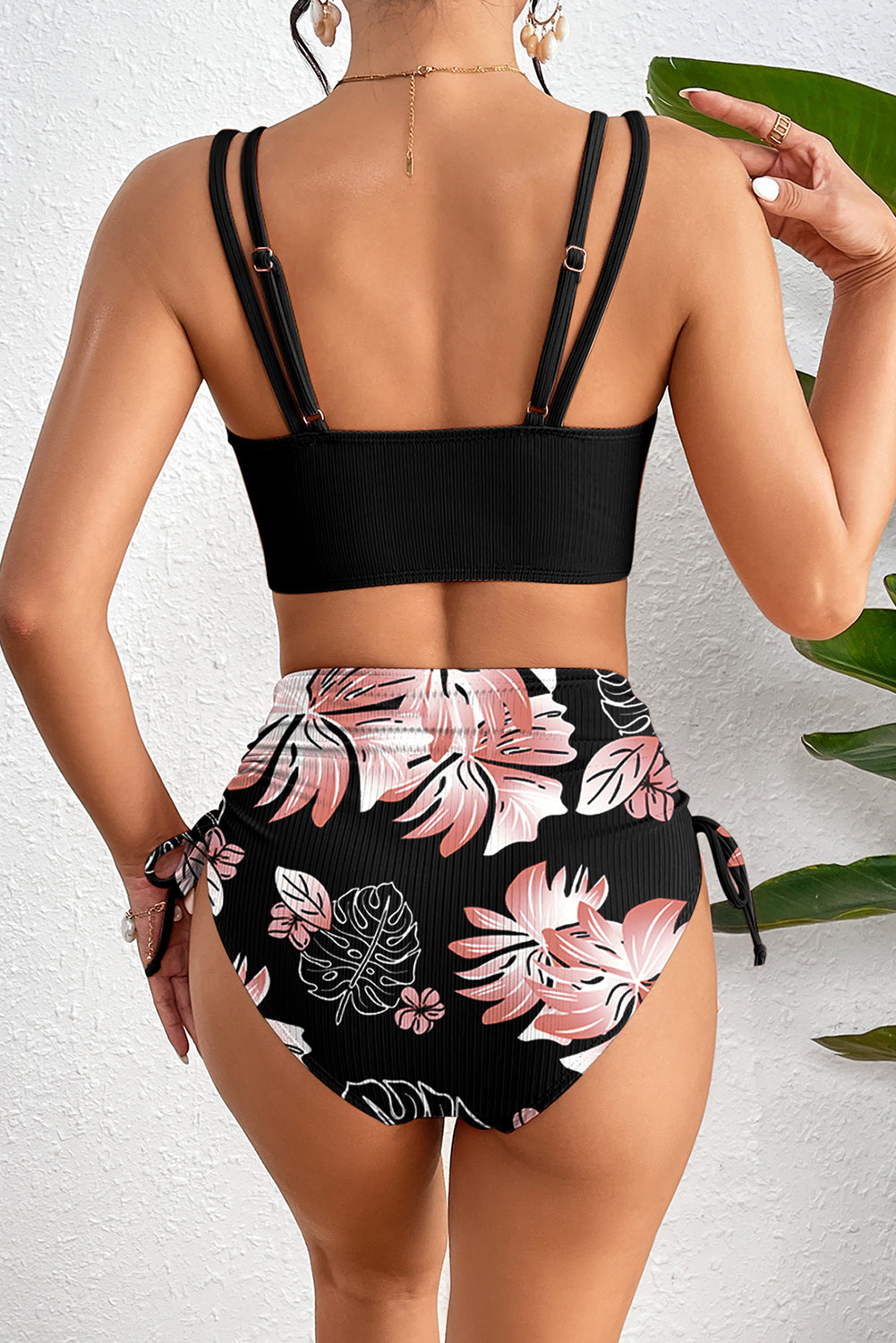 Black Ribbed Knit High Waist 2pcs Bikini Swimsuit - Pretty Petty Co