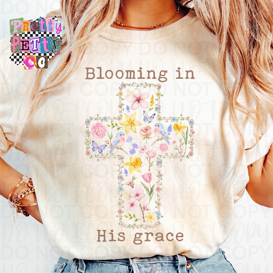 Blooming in Grace Christian Cross Tee | Faith Based Floral Graphic Shirt | Youth & Adult - Pretty Petty Co
