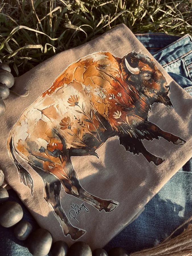Floral Painted Buffalo (DTF Tee) - Pretty Petty Co