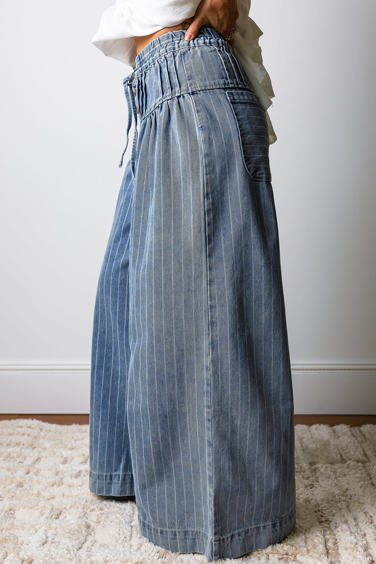 Sky Blue Stripe Button Pleated Drawstring Waist Casual Wide Leg Jeans - Pretty Petty Co