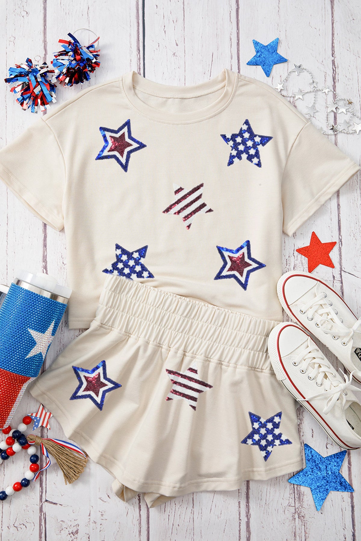Beige Sequin Patriotic Star Cropped Tee Skort 2pcs Set - Pretty Petty Co