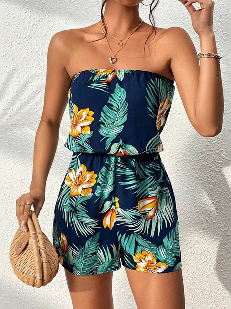 Tropical Print Strapless Elastic Waist Romper - Pretty Petty Co
