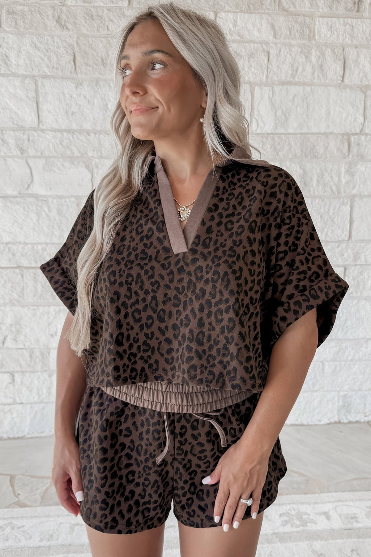 Brown V Neck Collar Leopard Printed 2pcs Short Set - Pretty Petty Co