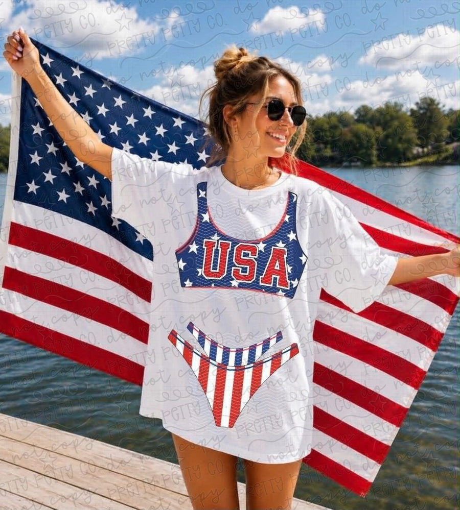 USA Bikini Gildan Shirt | Patriotic Summer Graphic Tee | Funny Fourth of July Beach T-Shirt - Pretty Petty Co