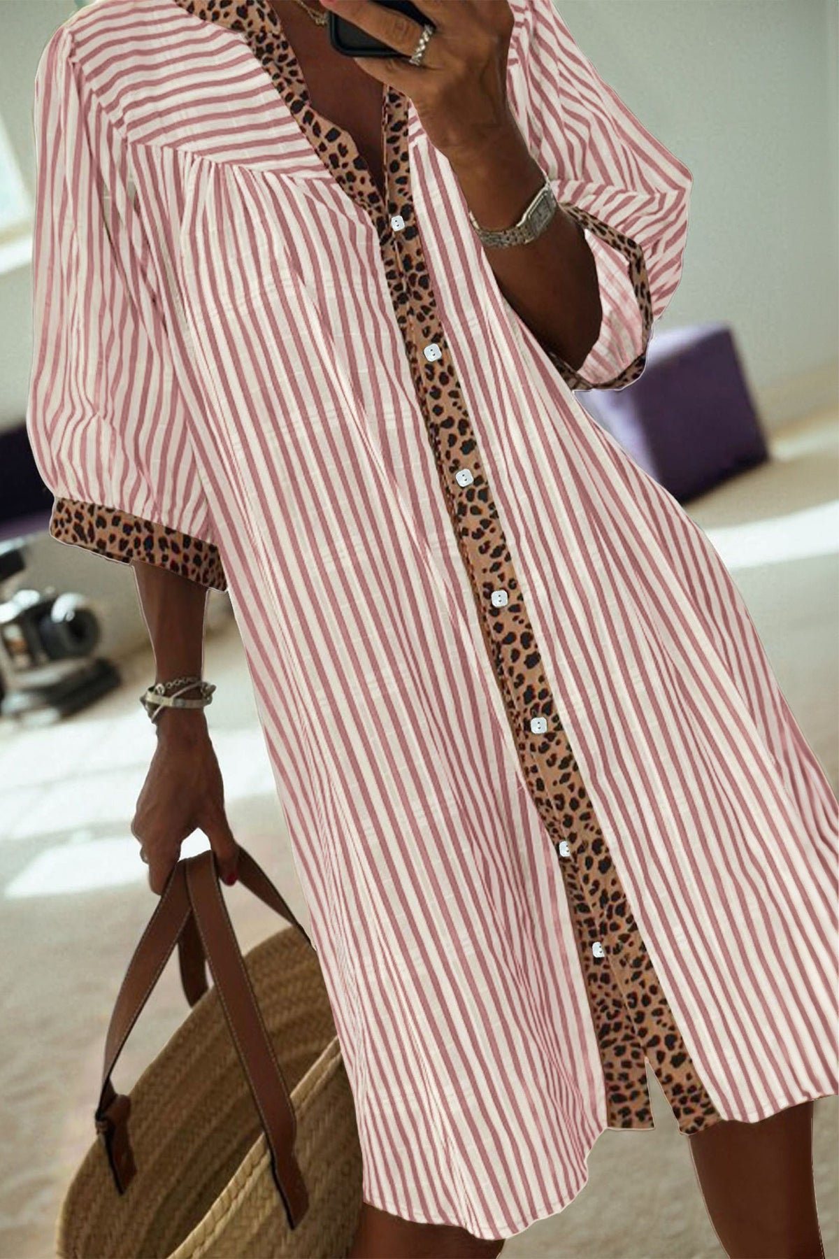 Khaki Stripe Square Button Leopard Trim Loose Bracelet Sleeve Shirt Dress - Pretty Petty Co