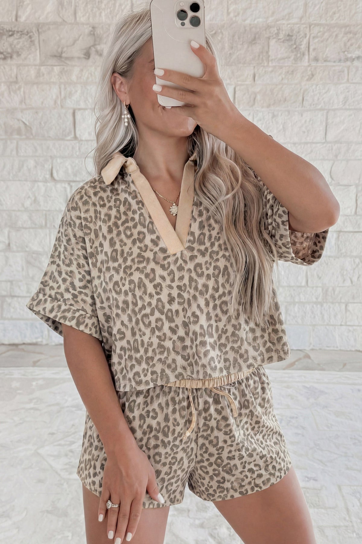 Brown V Neck Collar Leopard Printed 2pcs Short Set - Pretty Petty Co