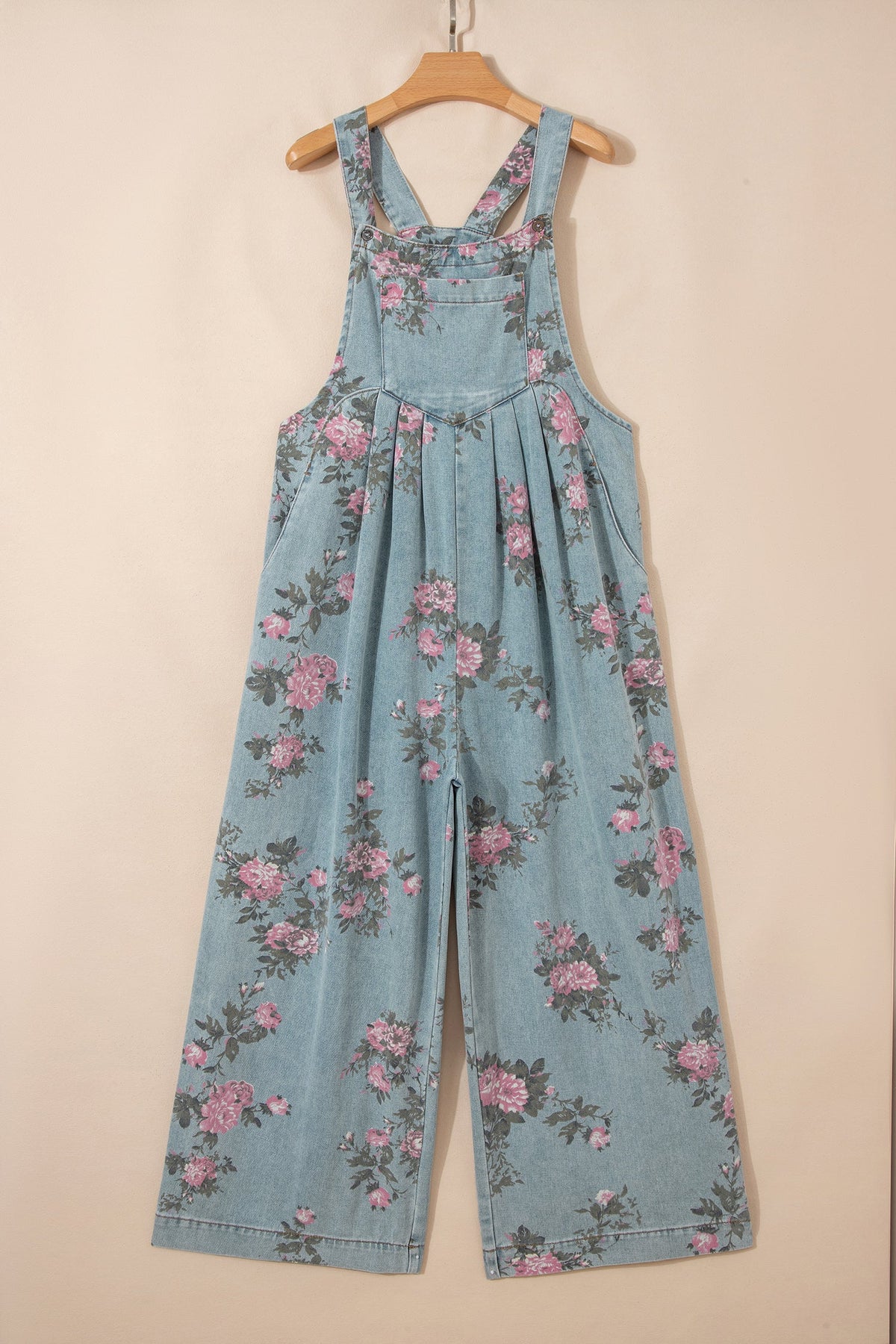 Beau Blue Floral Print Pleated High Waist Wide Leg Denim Jumpsuit - Pretty Petty Co