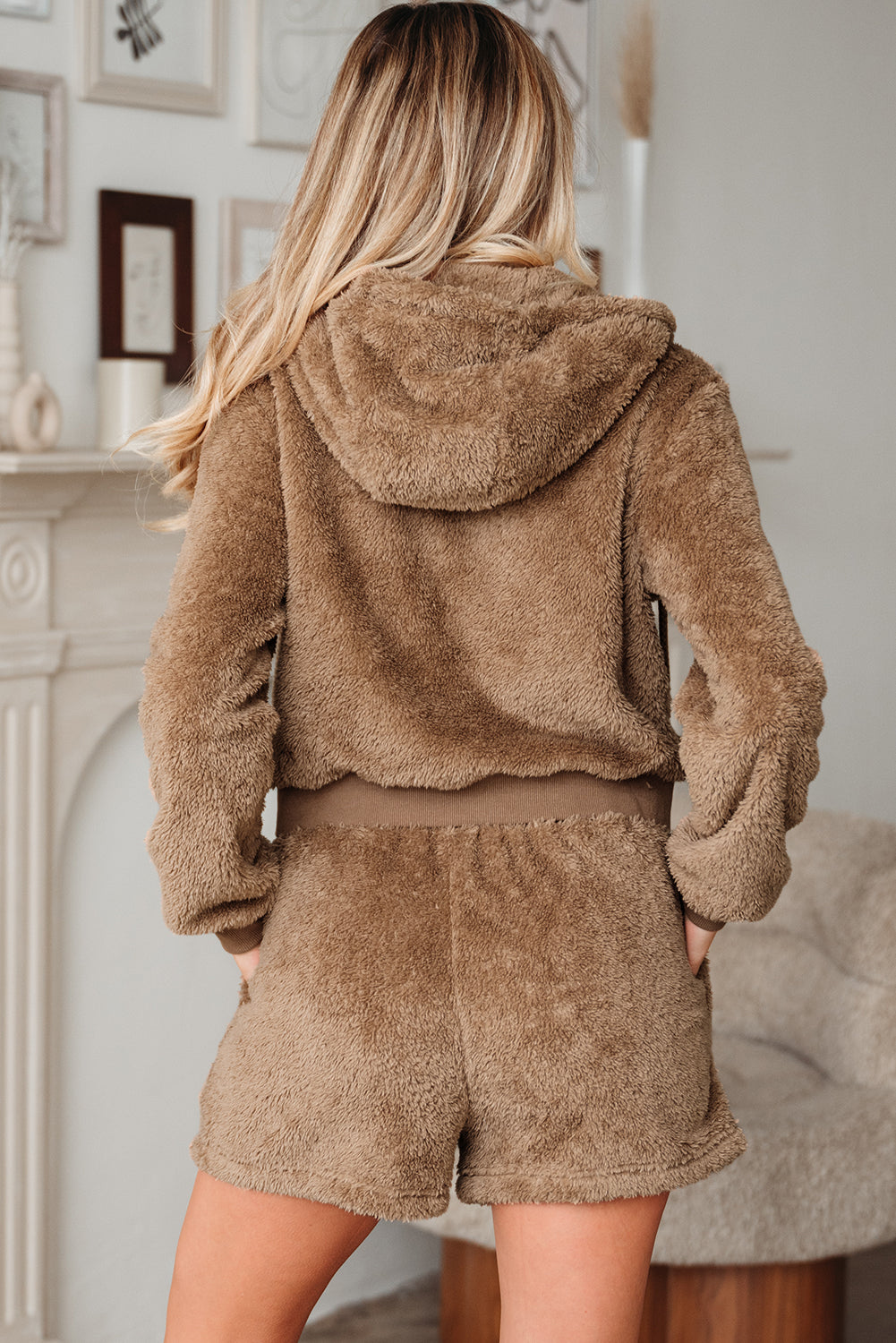 Parchment Zip Up Hoodie Drawstring Shorts Sherpa 2pcs Outfit - Pretty Petty Co