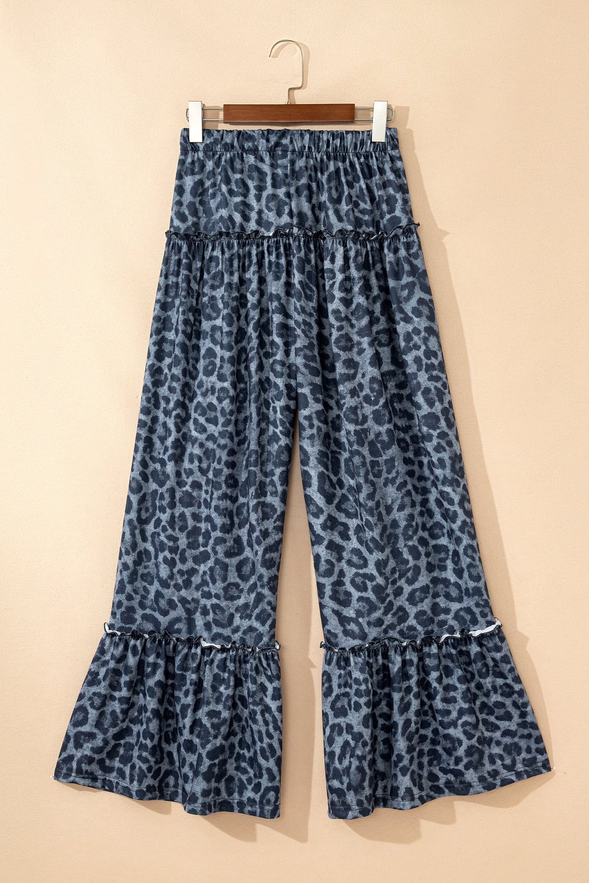 Gray Wild Leopard Print Frilled Detail Drawstring Wide Leg Pants - Pretty Petty Co