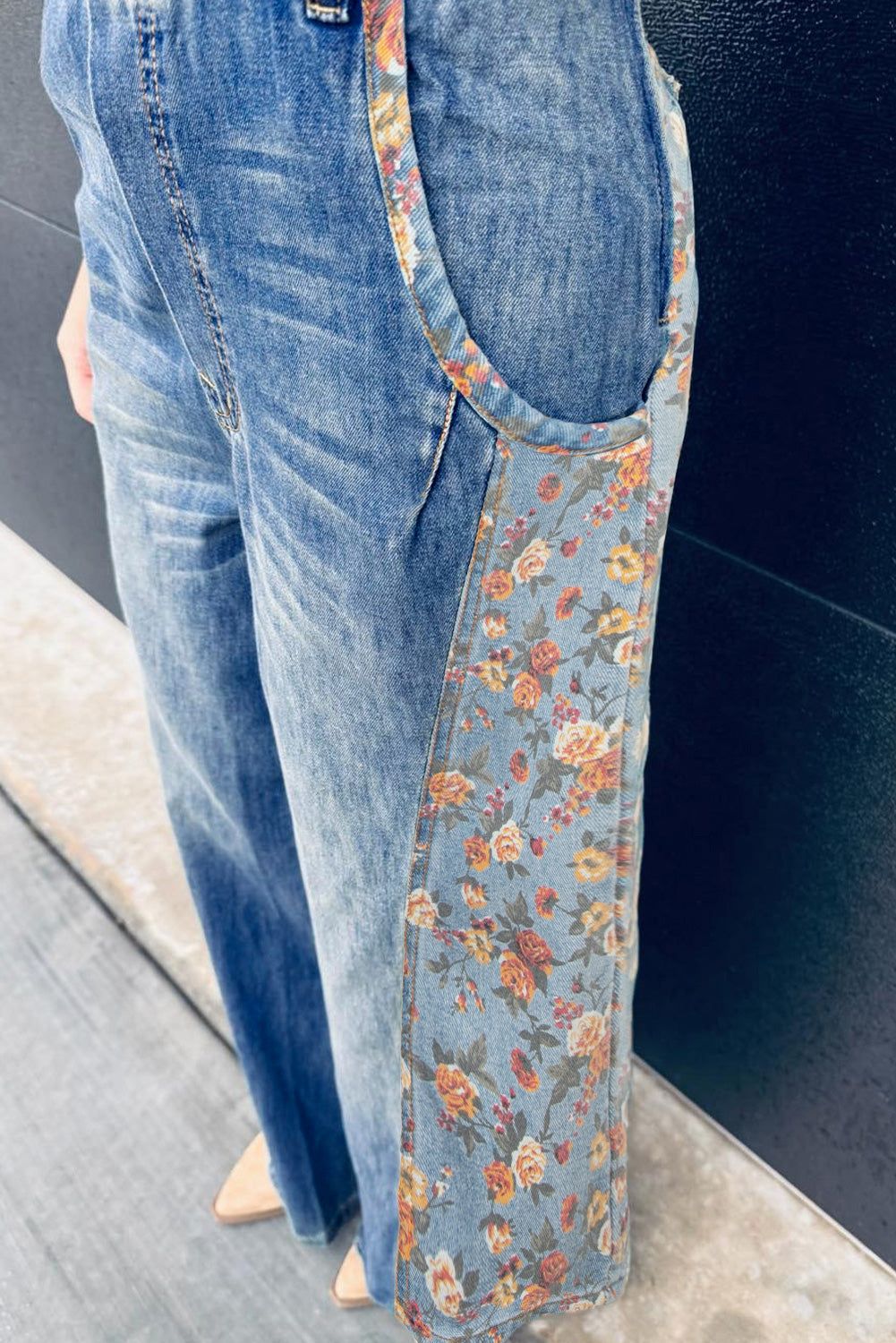 Peacock Blue Floral Patchwork Bib Denim Wide Leg Overalls - Pretty Petty Co