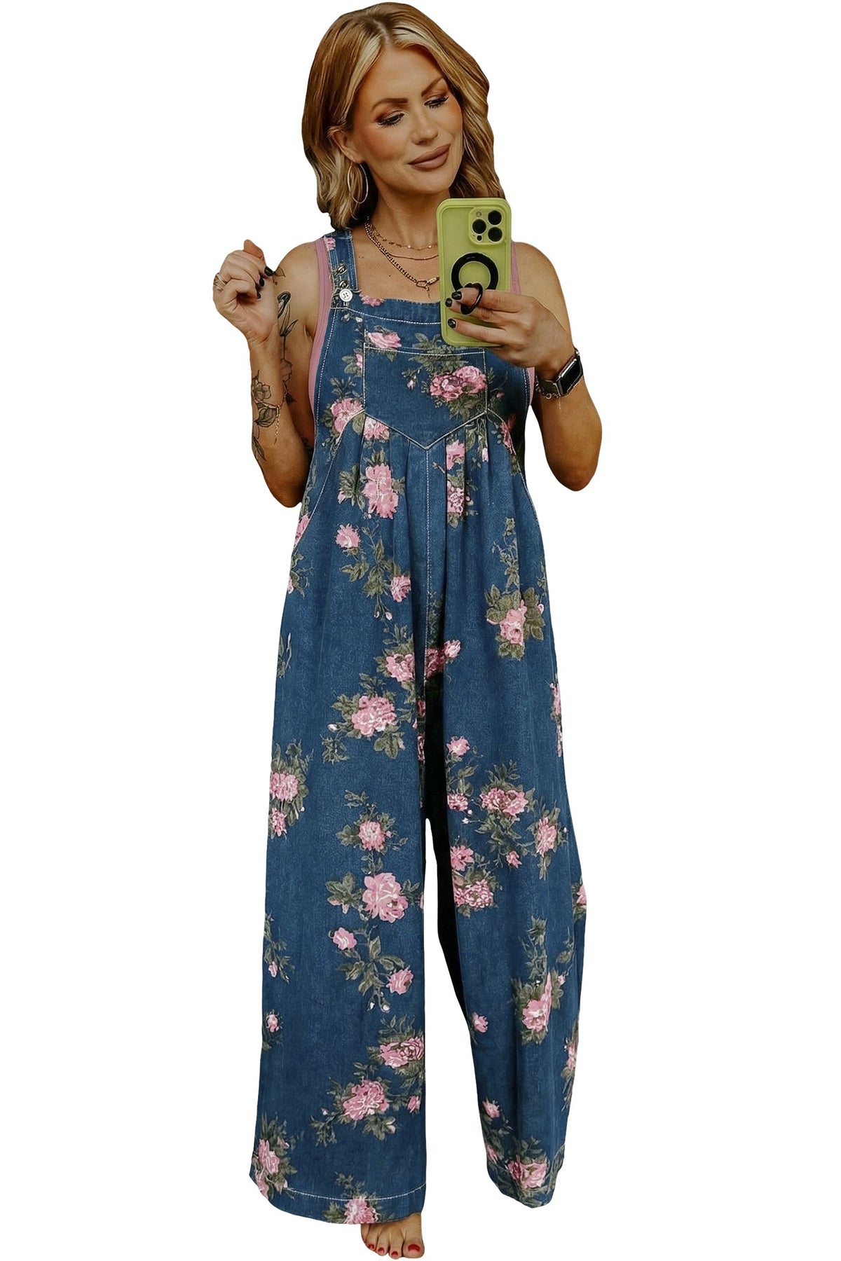 Beau Blue Floral Print Pleated High Waist Wide Leg Denim Jumpsuit - Pretty Petty Co