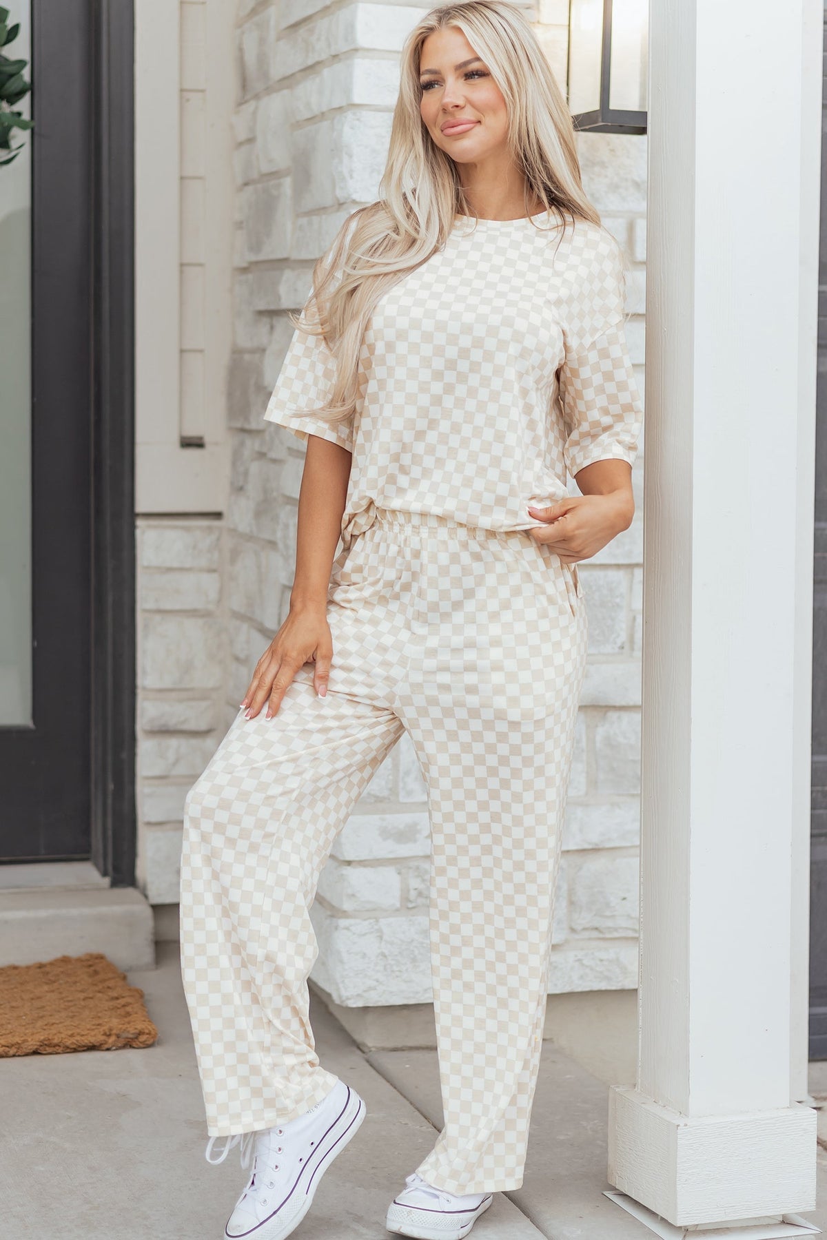 Rose Checkered Print Half Sleeve Tee 2pcs Lounge Pant Set - Pretty Petty Co