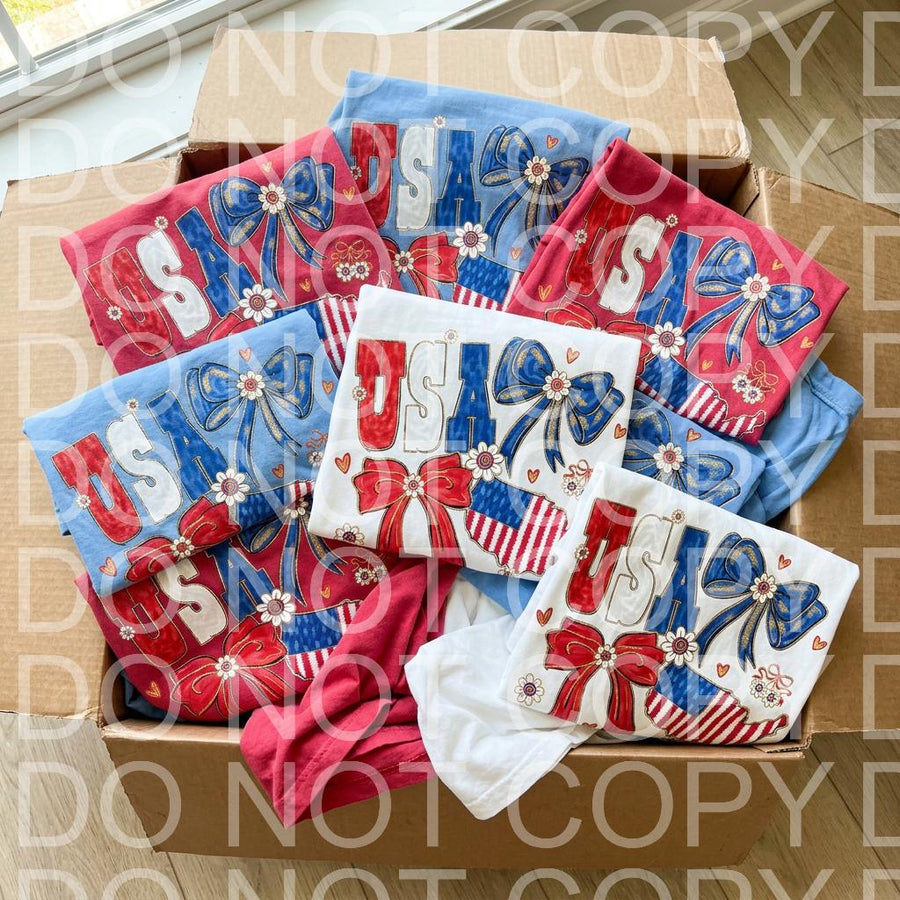 USA Coquette Bow Graphic Tee, Patriotic Aesthetic Shirt, Fourth of July Cute Design - Pretty Petty Co