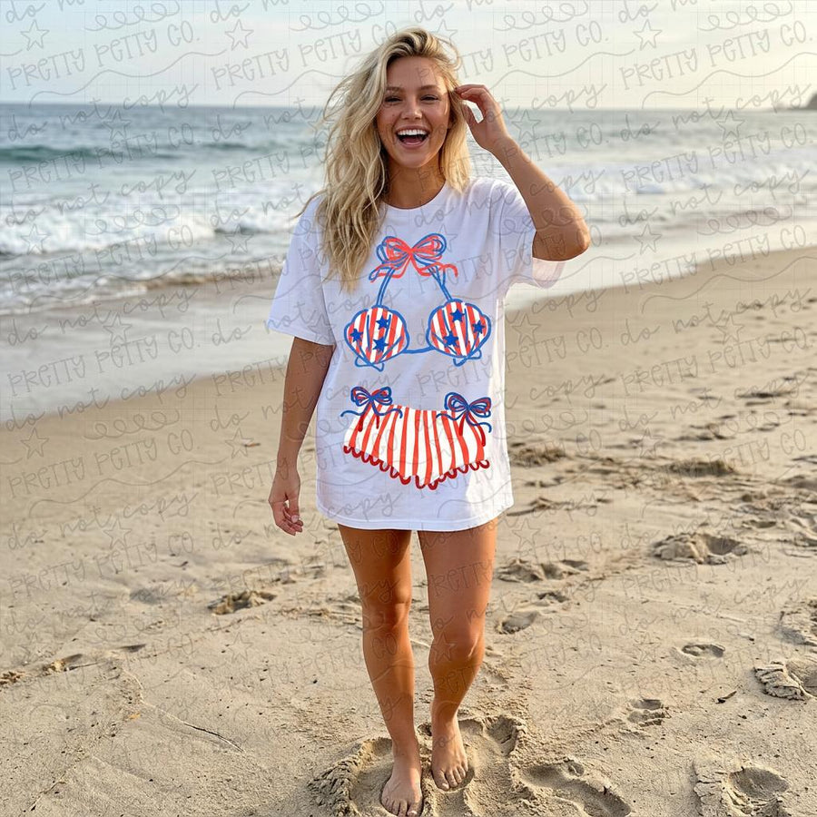Patriotic Shell Bikini Gildan Shirt | USA Beach Graphic Tee | Funny Fourth of July Summer T-Shirt - Pretty Petty Co