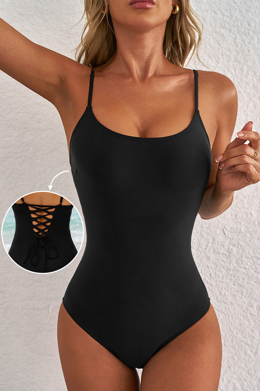 Dearlove Black Thin Strap Strappy Lace-up Open Back One Piece Swimsuit - Pretty Petty Co