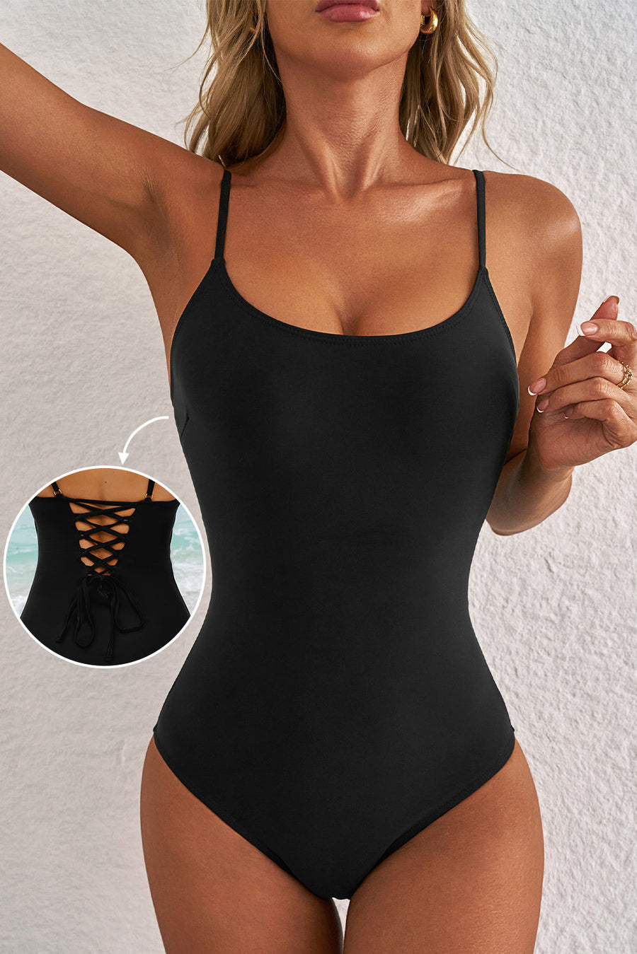 Dearlove Black Thin Strap Strappy Lace-up Open Back One Piece Swimsuit - Pretty Petty Co