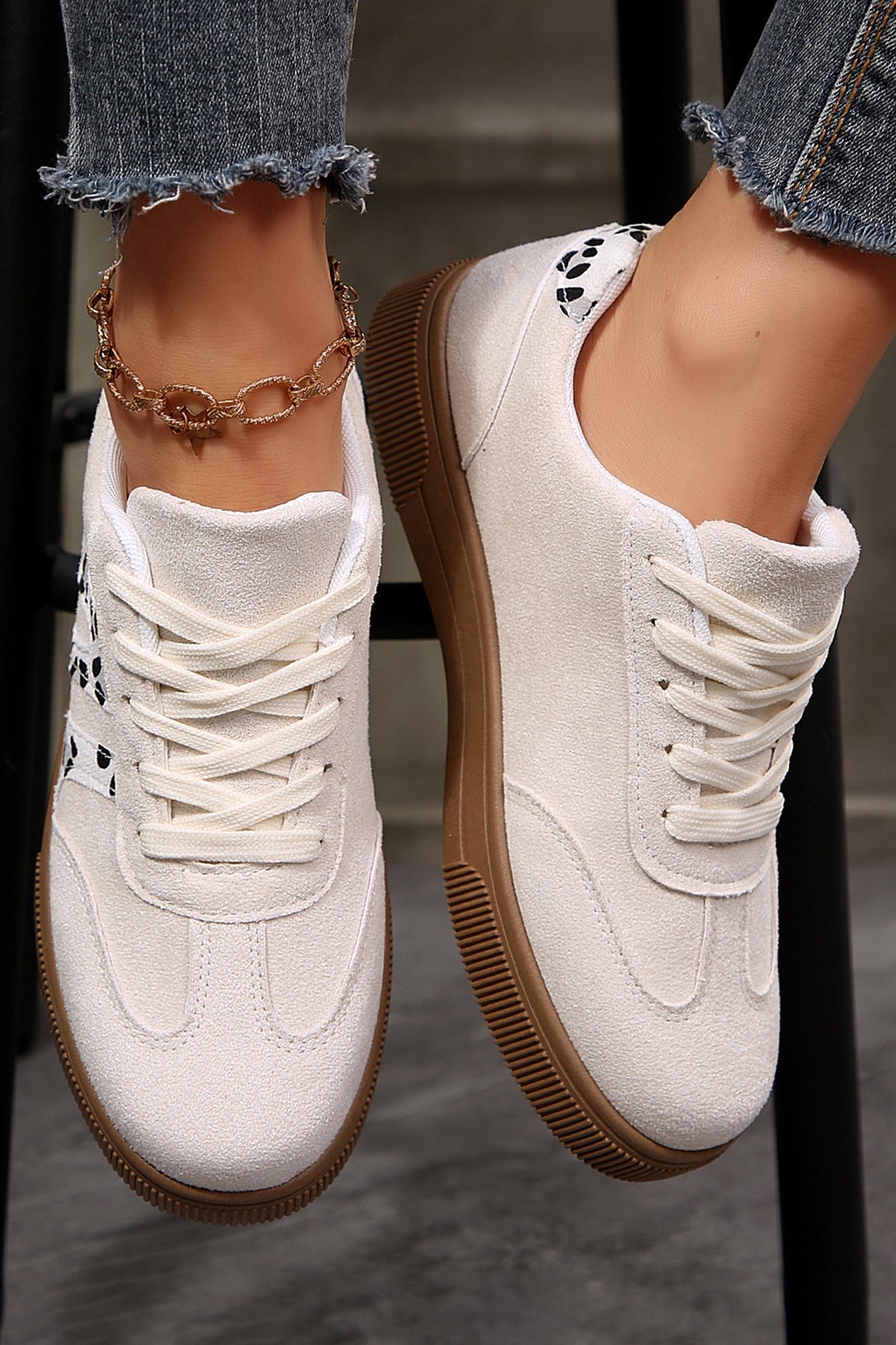 White Suede Leopard Color Block Trim Lace-up Casual Shoes - Pretty Petty Co