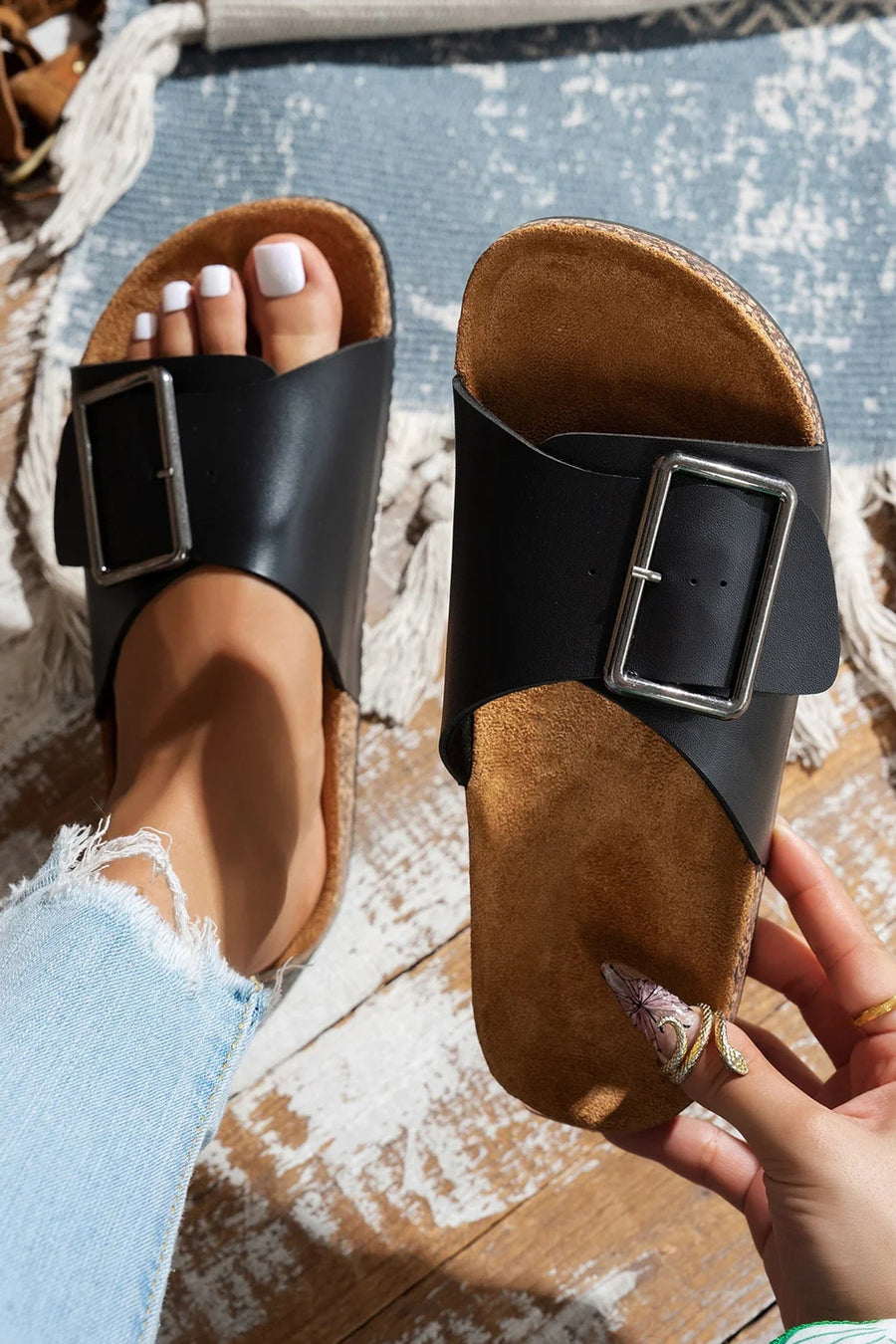 Color black Retro Geometric Print Buckle Strap Flat Slippers - Pretty Petty Co