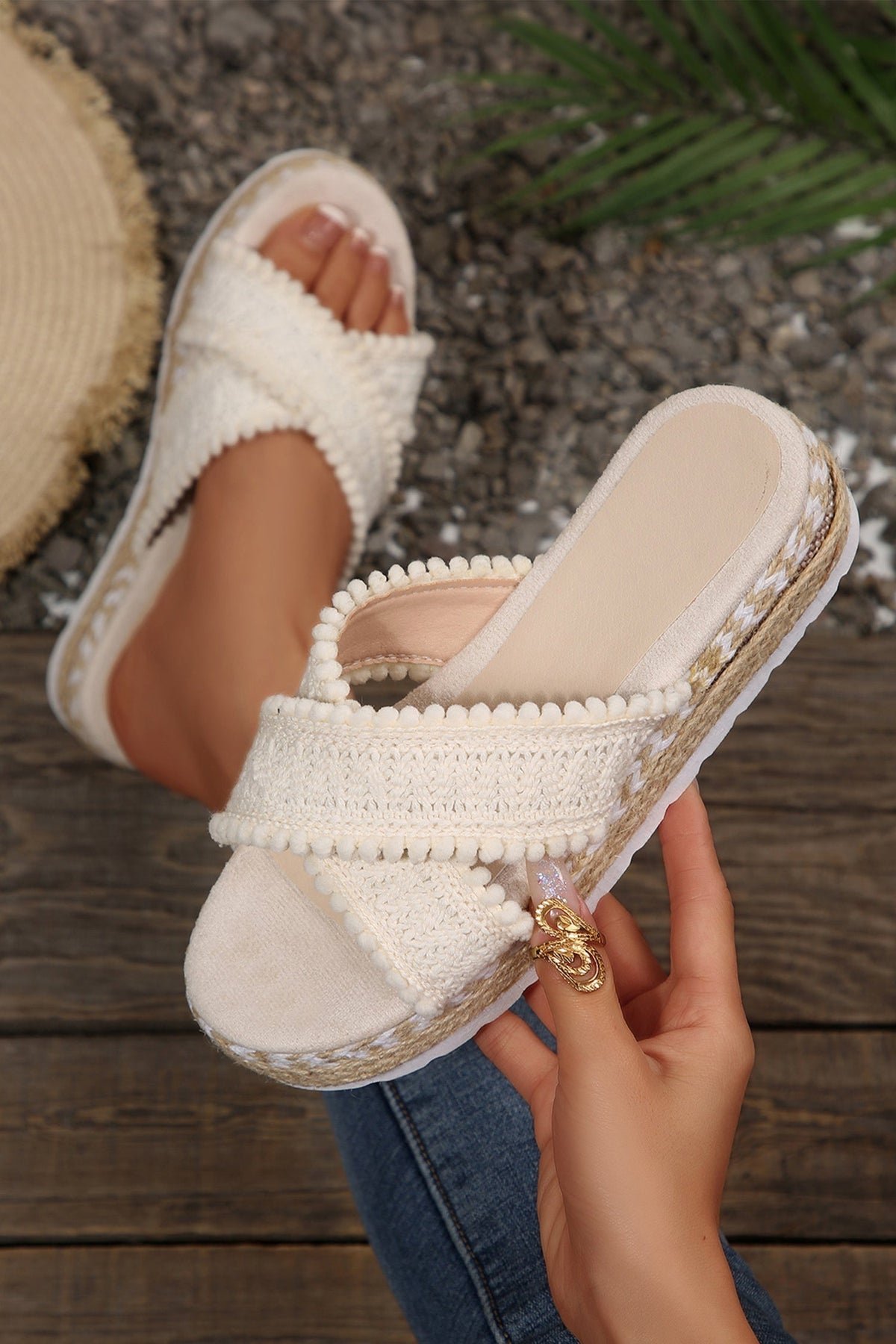 White Pompom Knit Platform Slide Slippers - Pretty Petty Co