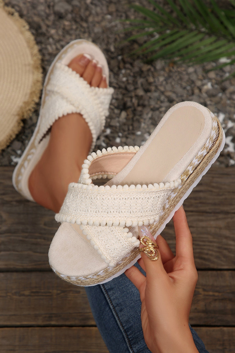 White Pompom Knit Platform Slide Slippers - Pretty Petty Co