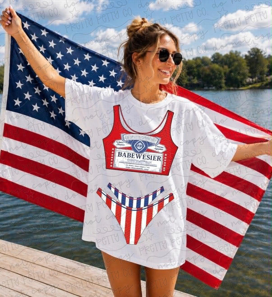 Budweiser Bikini Gildan Shirt | Funny Beer Summer Graphic Tee | Patriotic Beach Party T-Shirt - Pretty Petty Co