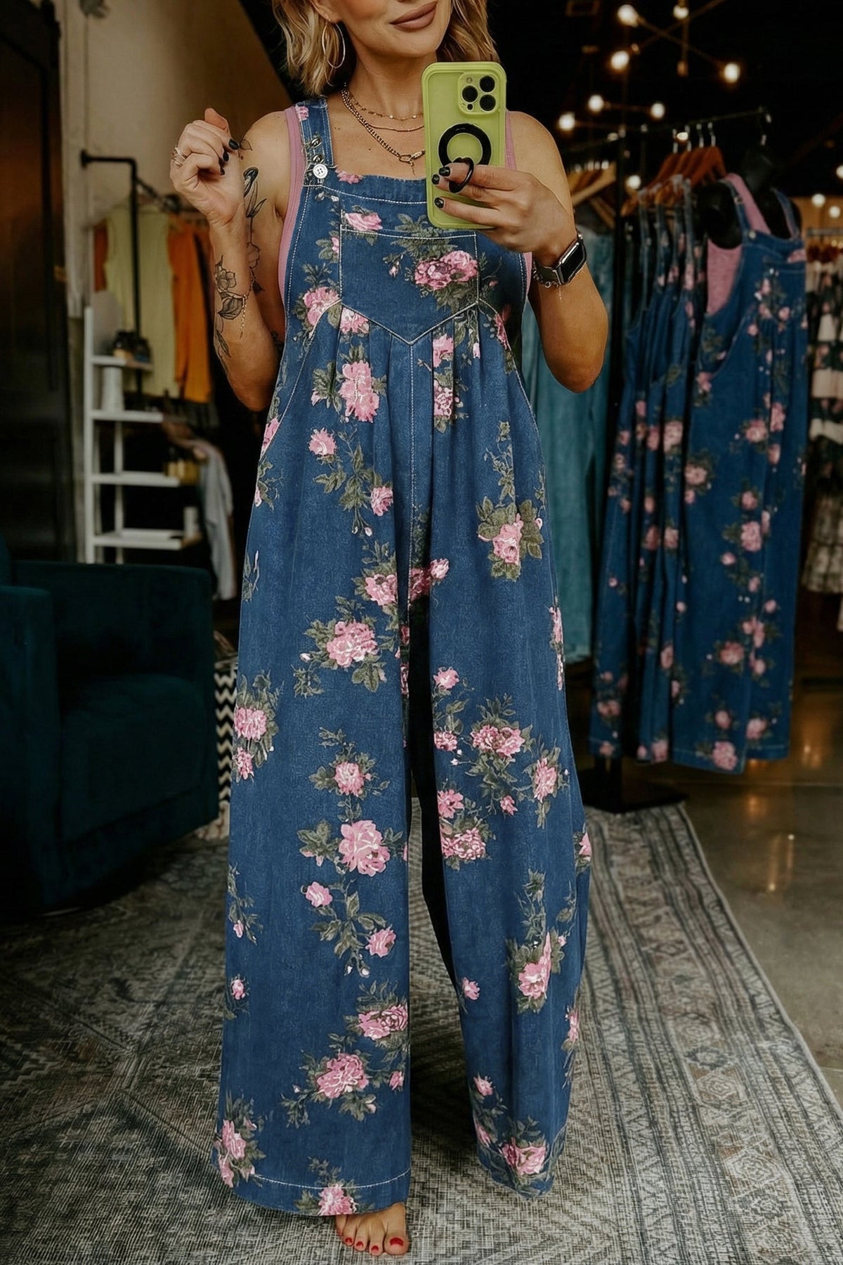Beau Blue Floral Print Pleated High Waist Wide Leg Denim Jumpsuit - Pretty Petty Co