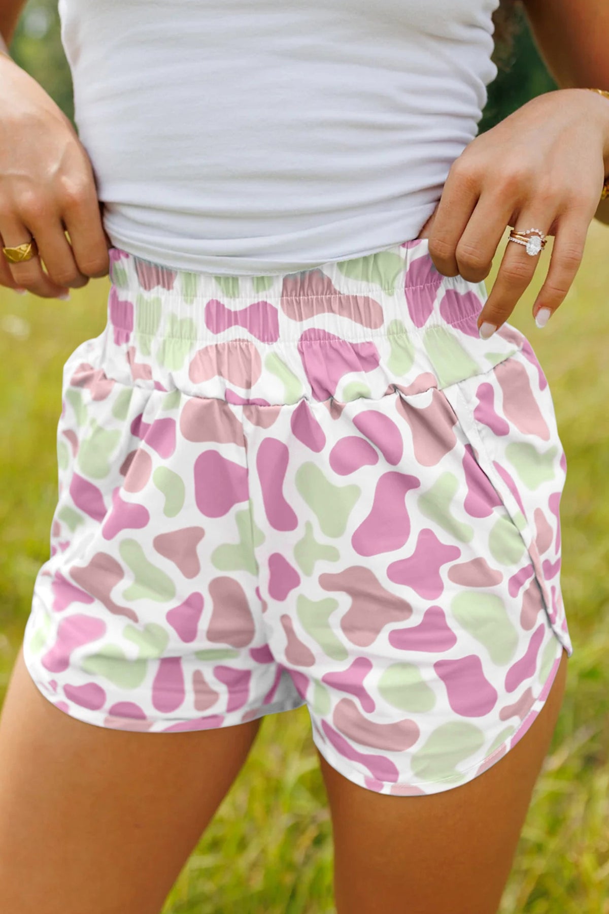 Sky Blue Camouflage Print Shirred High Waist Athleisure Shorts - Pretty Petty Co