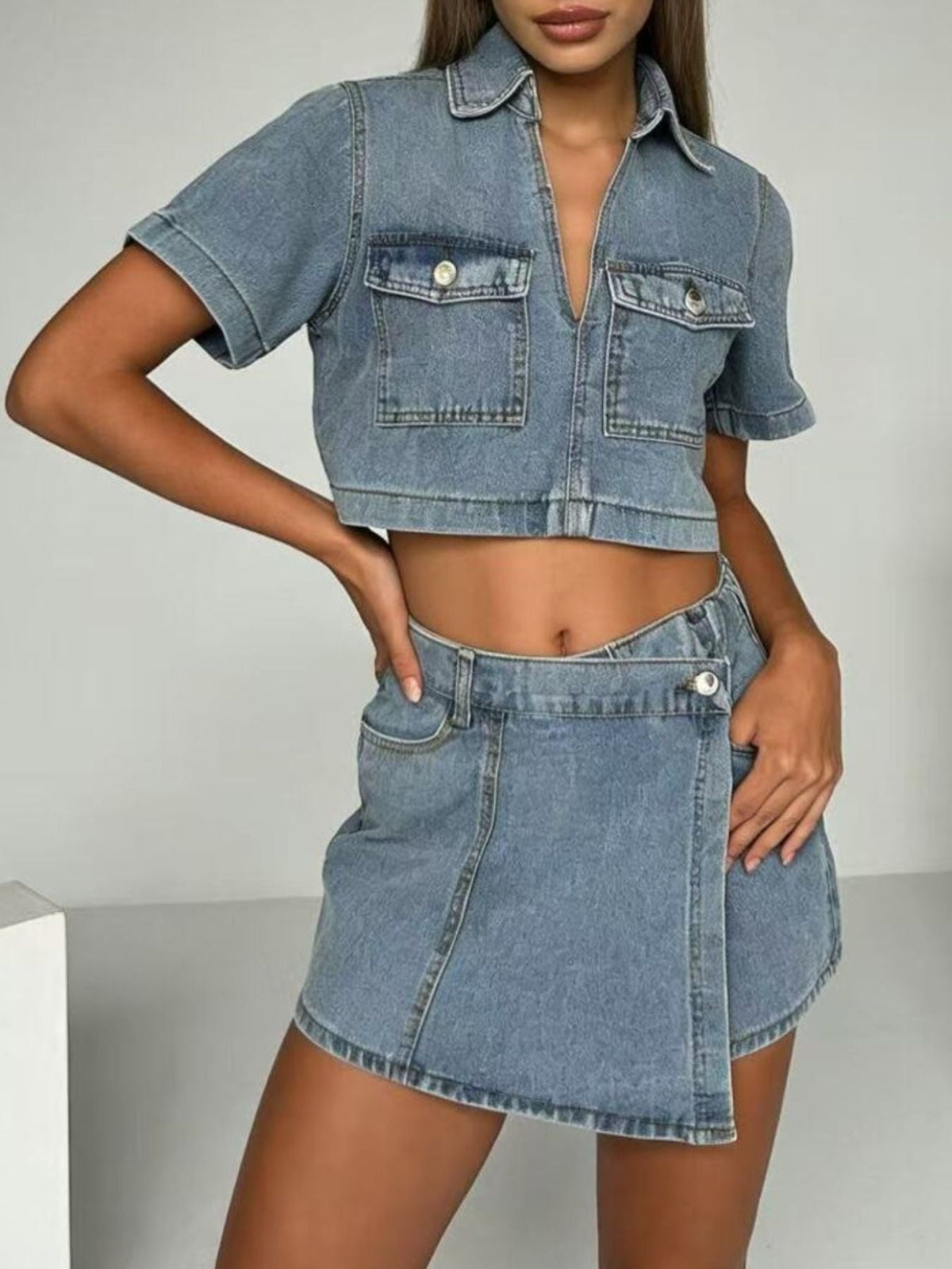 Short Sleeve Cropped Top and Skort Denim Set - Pretty Petty Co