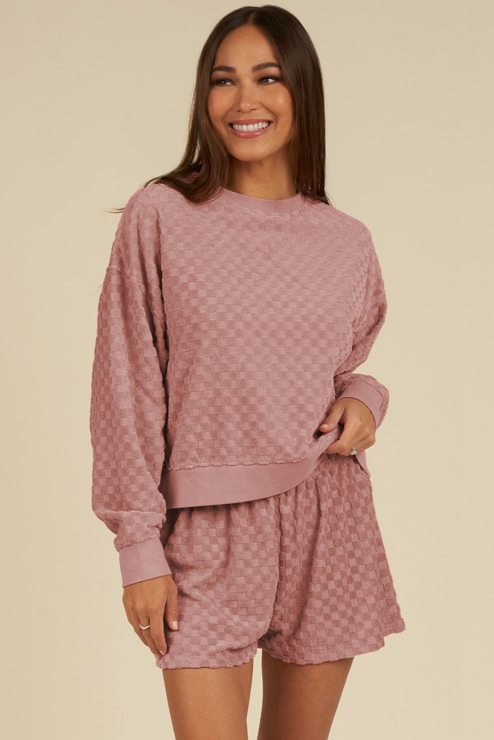 Blossom Checkered Textured Long Sleeve Top and Shorts Set - Pretty Petty Co