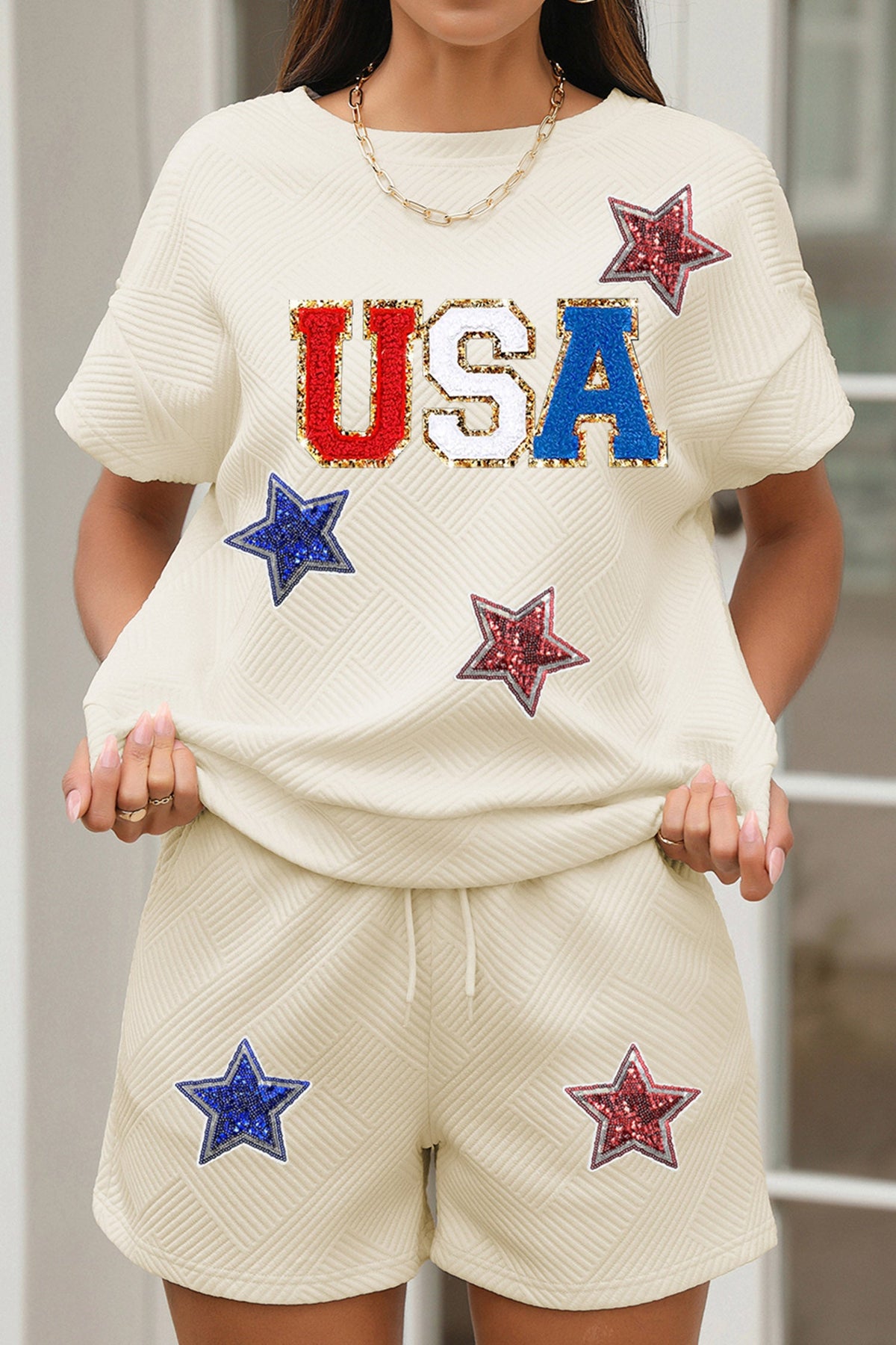 Apricot USA Star Patched Graphic Textured Short Set - Pretty Petty Co