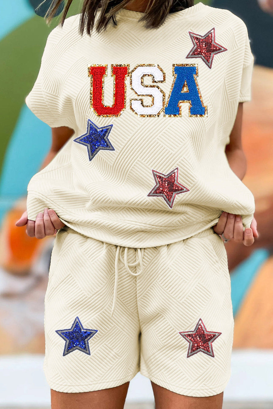 Apricot USA Star Patched Graphic Textured Short Set - Pretty Petty Co